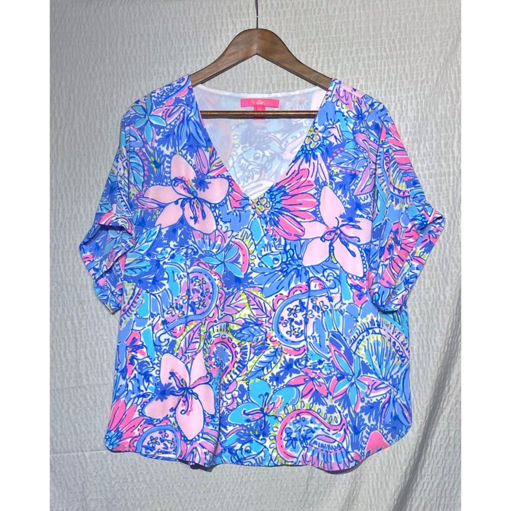 Lilly Pulitzer Casden Top Pop Up Got Your Back Floral Short Sleeve Womens Large